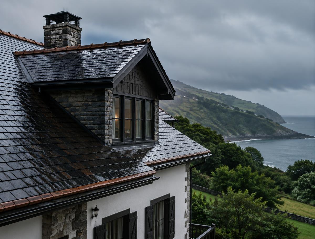 Tejado de pizarra mojado bajo la lluvia junto a la costa